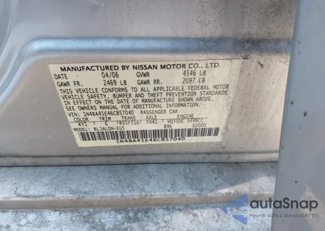 2006 Nissan Maxima 3.5 Sl из США, поврежденный, VIN 1N4BA41E46C857040